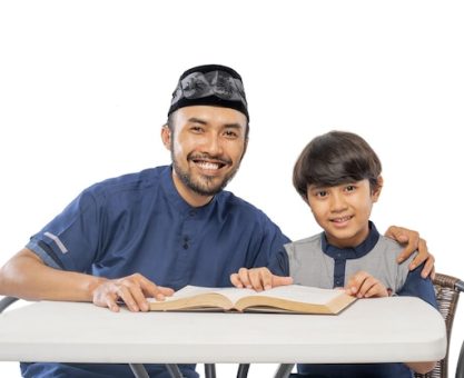 happy-asian-father-son-read-quran-together-white-background_8595-31961